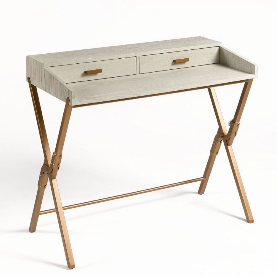 Escritorio Blanco Grisáceo con Patas Metálicas Doradas